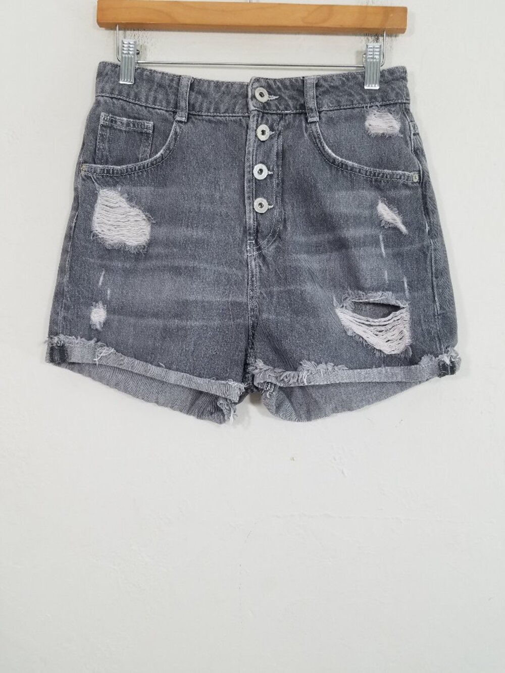 Zara High Rise Button Fly Distressed Jean Shorts Size 6